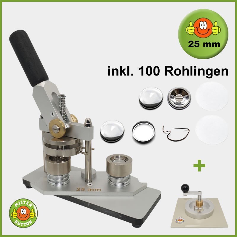 Buttonmaschine Typ 900 für 25 mm Buttons inkl. 100 Rohlinge + Kreisschneider Typ 2006 Buttonmaschine Typ 900 für 25 mm Buttons inkl. 100 Rohlinge + Kreisschneider Typ 2006